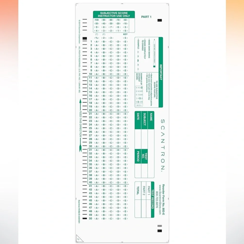 882-E Scantron Pack – 6 Sheets (100 Questions Each) - Picture 1 of 2